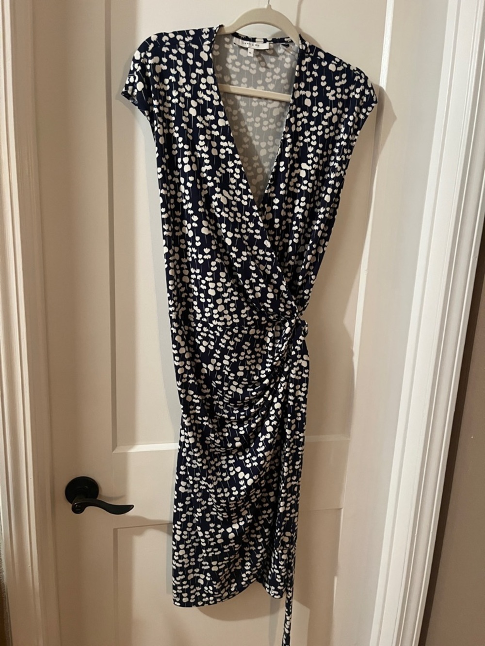 Lark & Ro Navy Midi Wrap Dress with White Dot Print